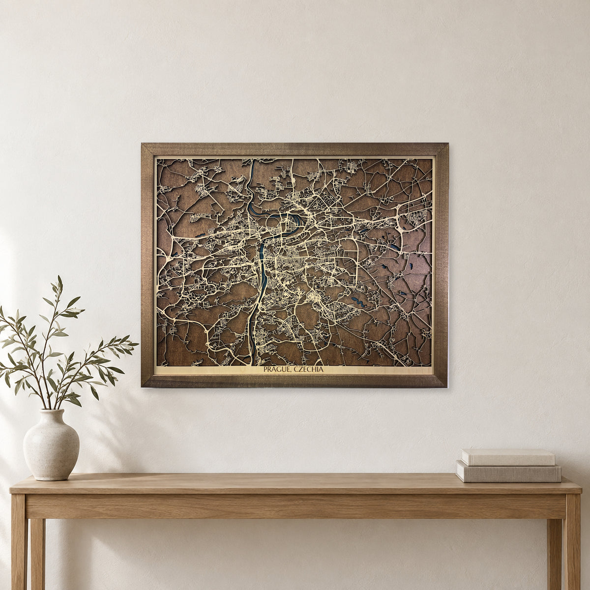 Prague, Czechia Wood Map — Multilayer — room mockup