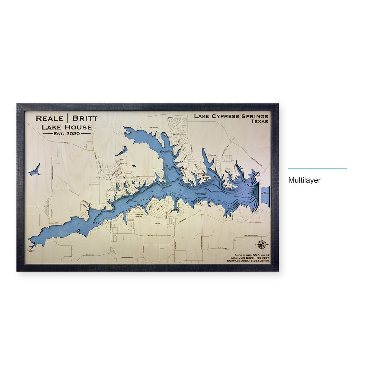 Lake Cypress Springs, Texas Wood Map — Multilayer — style-labeled photo