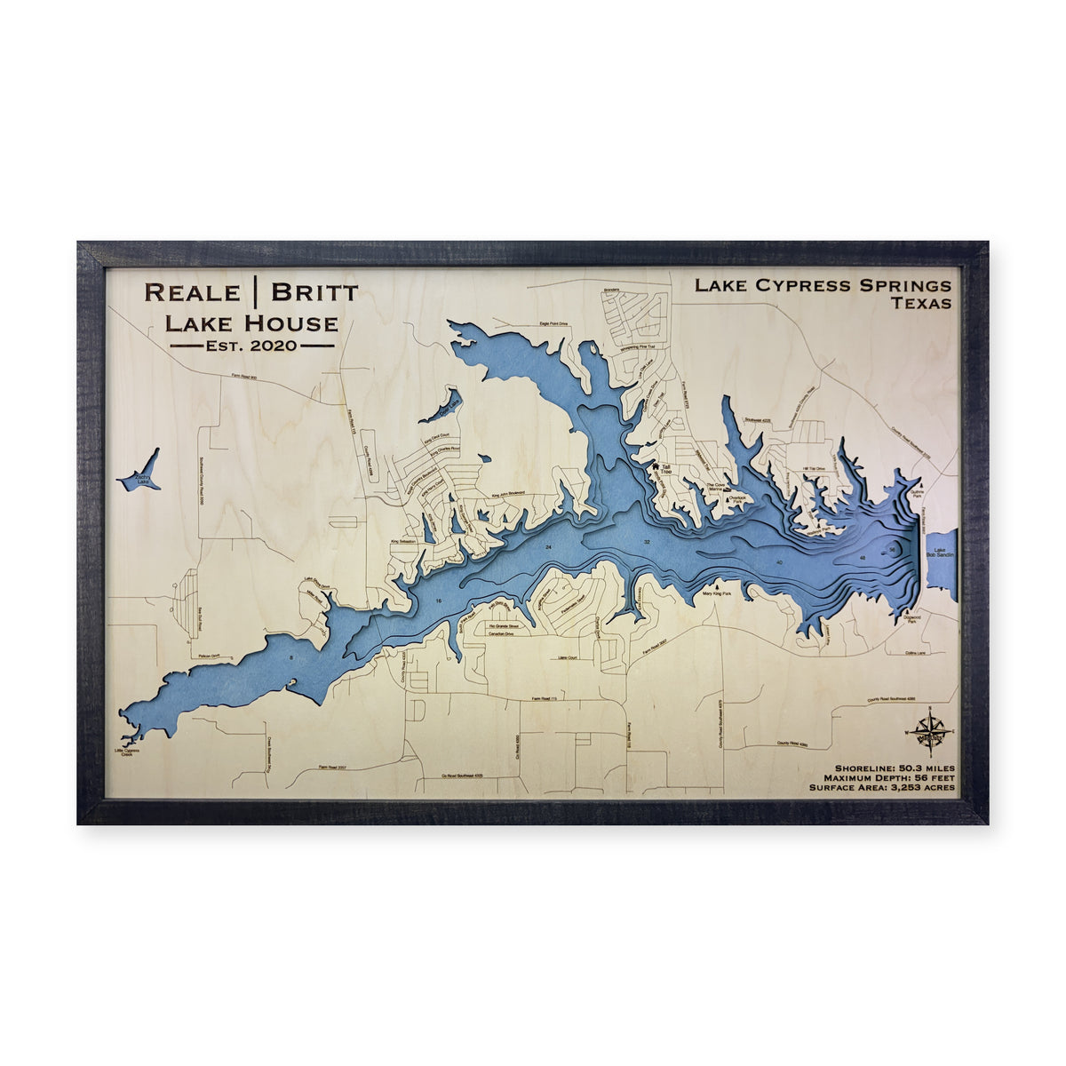 Lake Cypress Springs, Texas Wood Map — Multilayer — plain-background photo