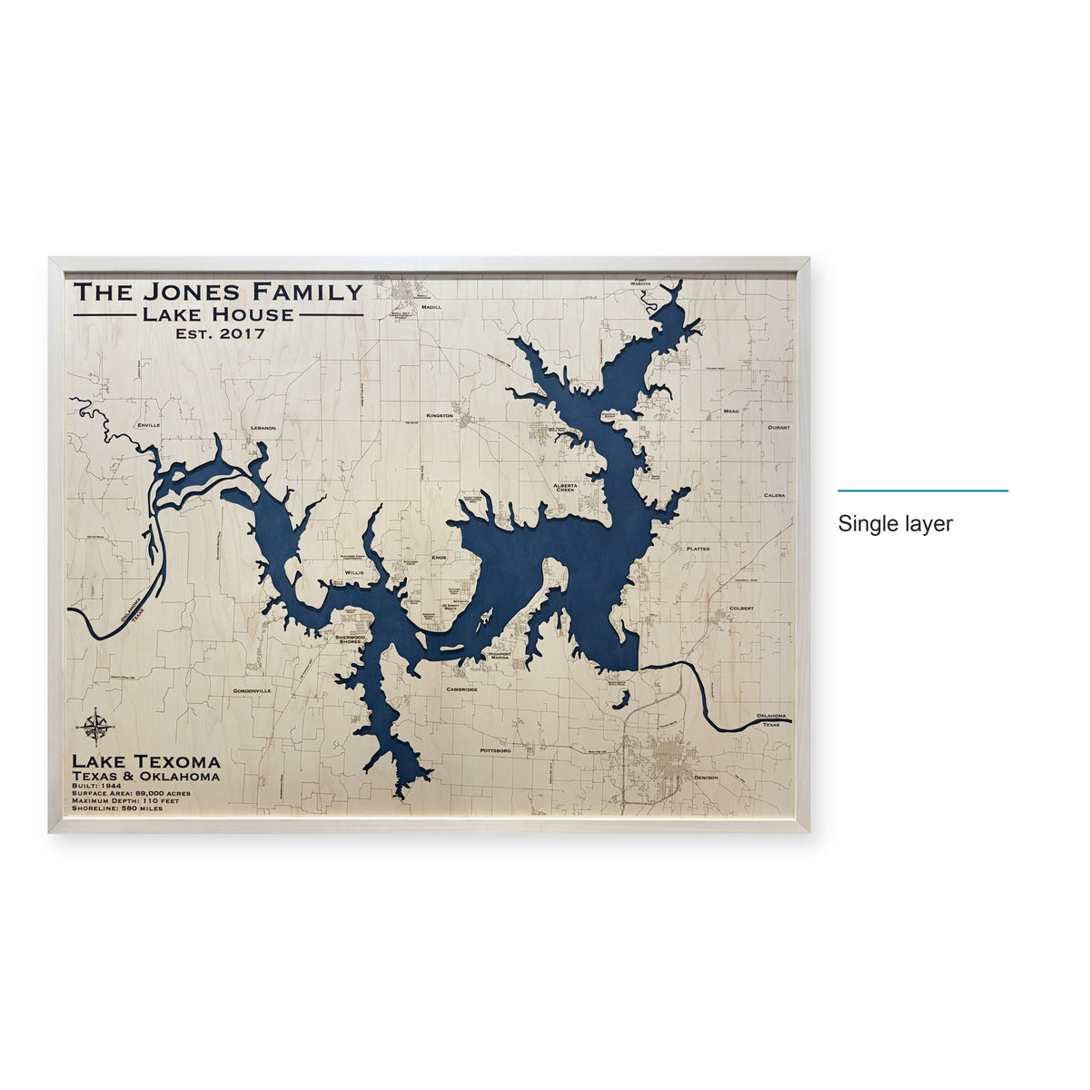 Lake Texoma, Oklahoma & Texas Wood Map — Single layer — style-labeled photo