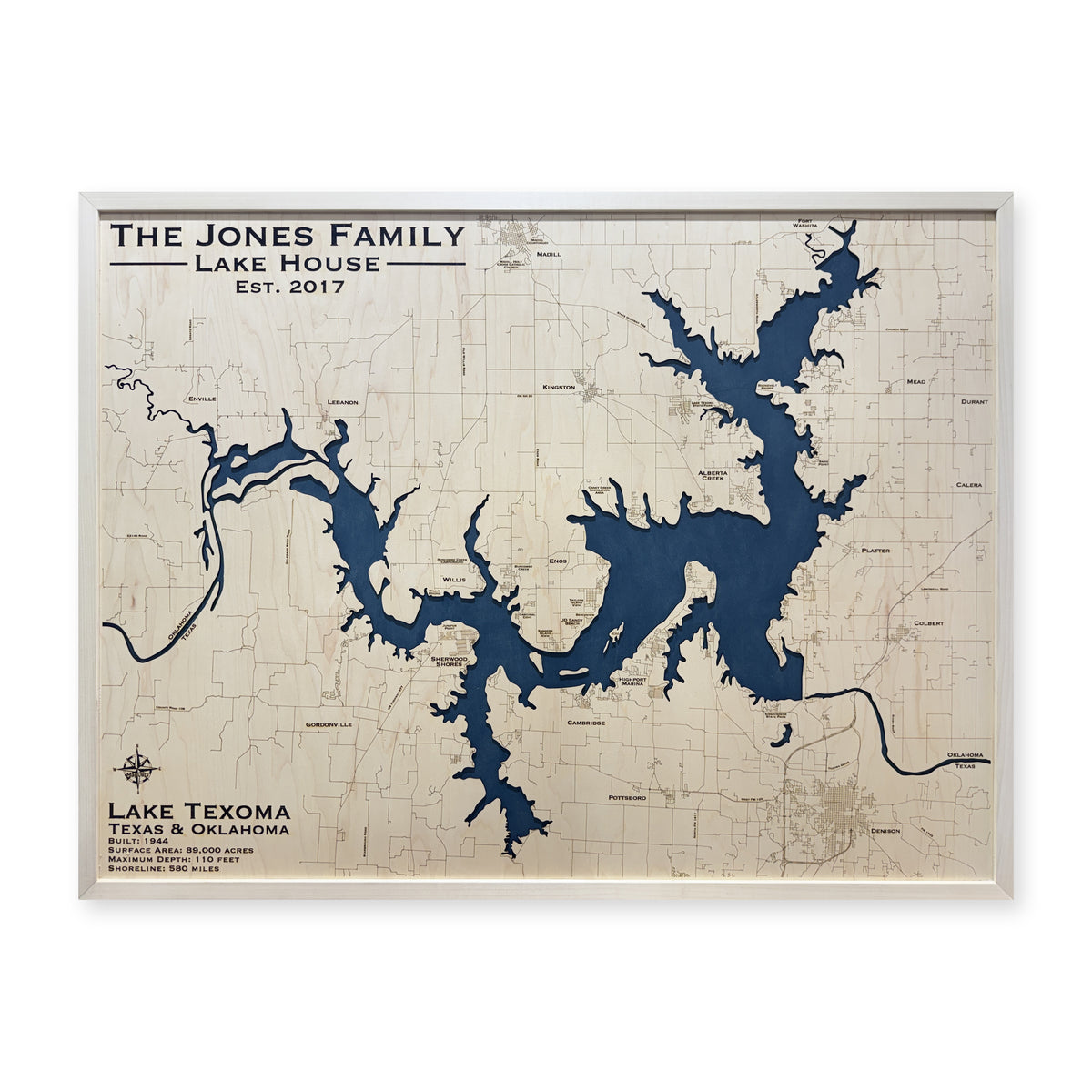 Lake Texoma, Oklahoma & Texas Wood Map — Single layer — plain-background photo
