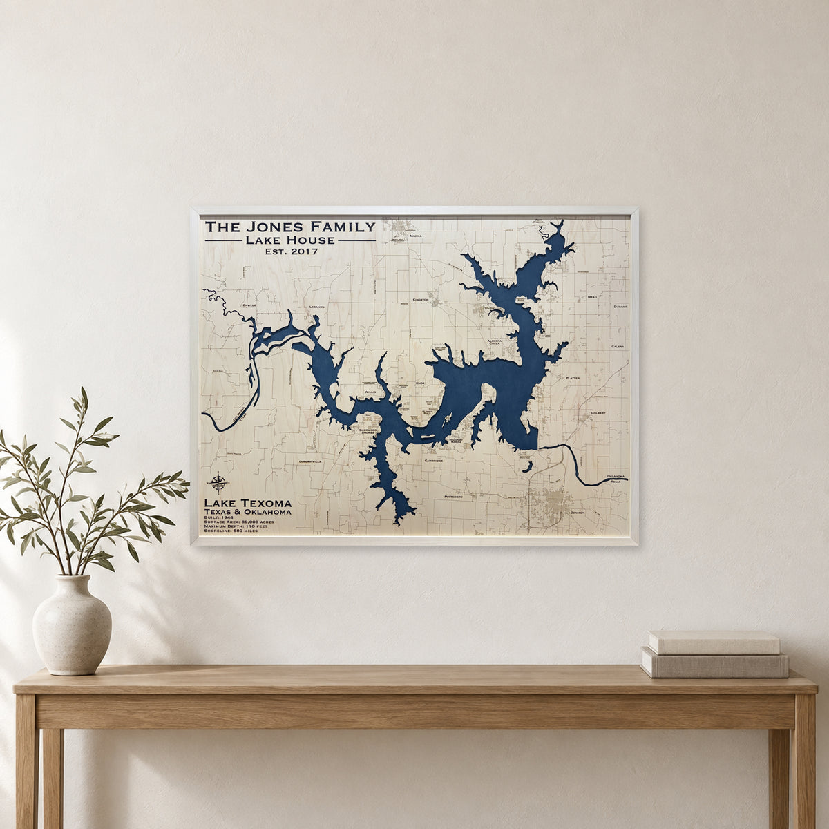 Lake Texoma, Oklahoma & Texas Wood Map — Single layer — room mockup