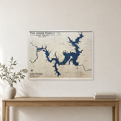 Lake Texoma, Oklahoma & Texas Wood Map — Single layer — room mockup