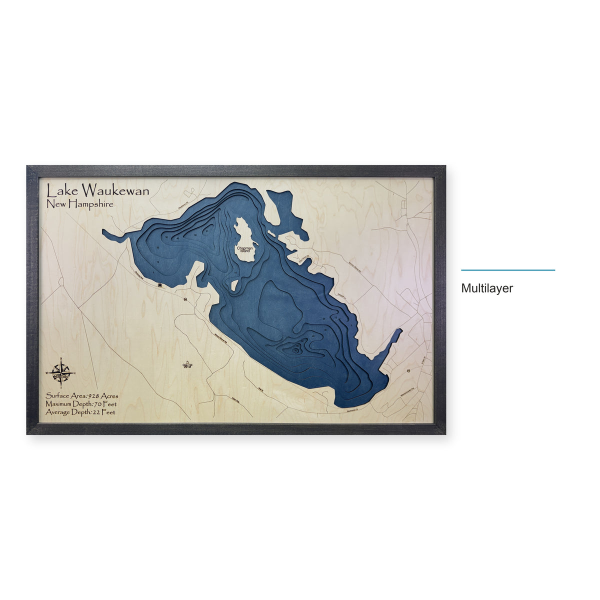 Lake Waukewan, New Hampshire Wood Map — Multilayer — style-labeled photo