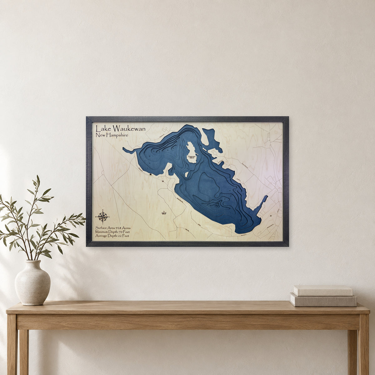 Lake Waukewan, New Hampshire Wood Map — Multilayer — room mockup