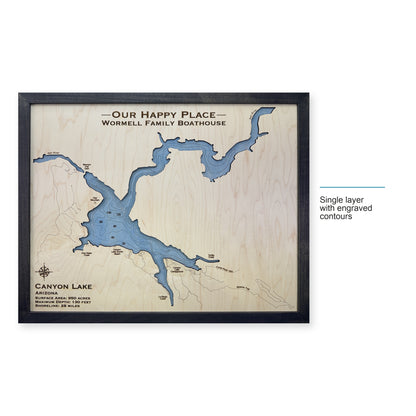Canyon Lake, Arizona Wood Map — Single layer with engraved contours — style-labeled photo
