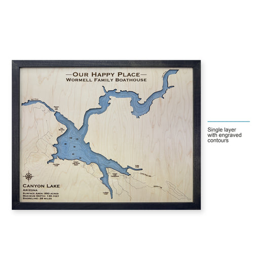 Canyon Lake, Arizona Wood Map — Single layer with engraved contours — style-labeled photo