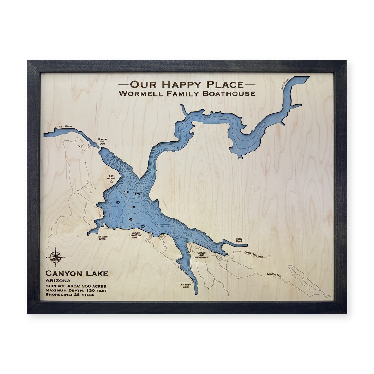 Canyon Lake, Arizona Wood Map — Single layer with engraved contours — plain-background photo
