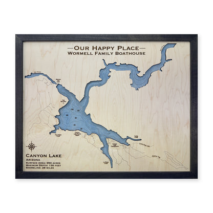 Canyon Lake, Arizona Wood Map — Single layer with engraved contours — plain-background photo