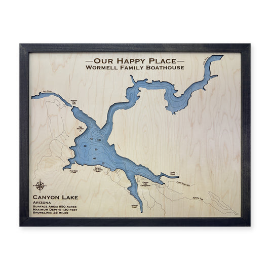 Canyon Lake, Arizona Wood Map — Single layer with engraved contours — plain-background photo