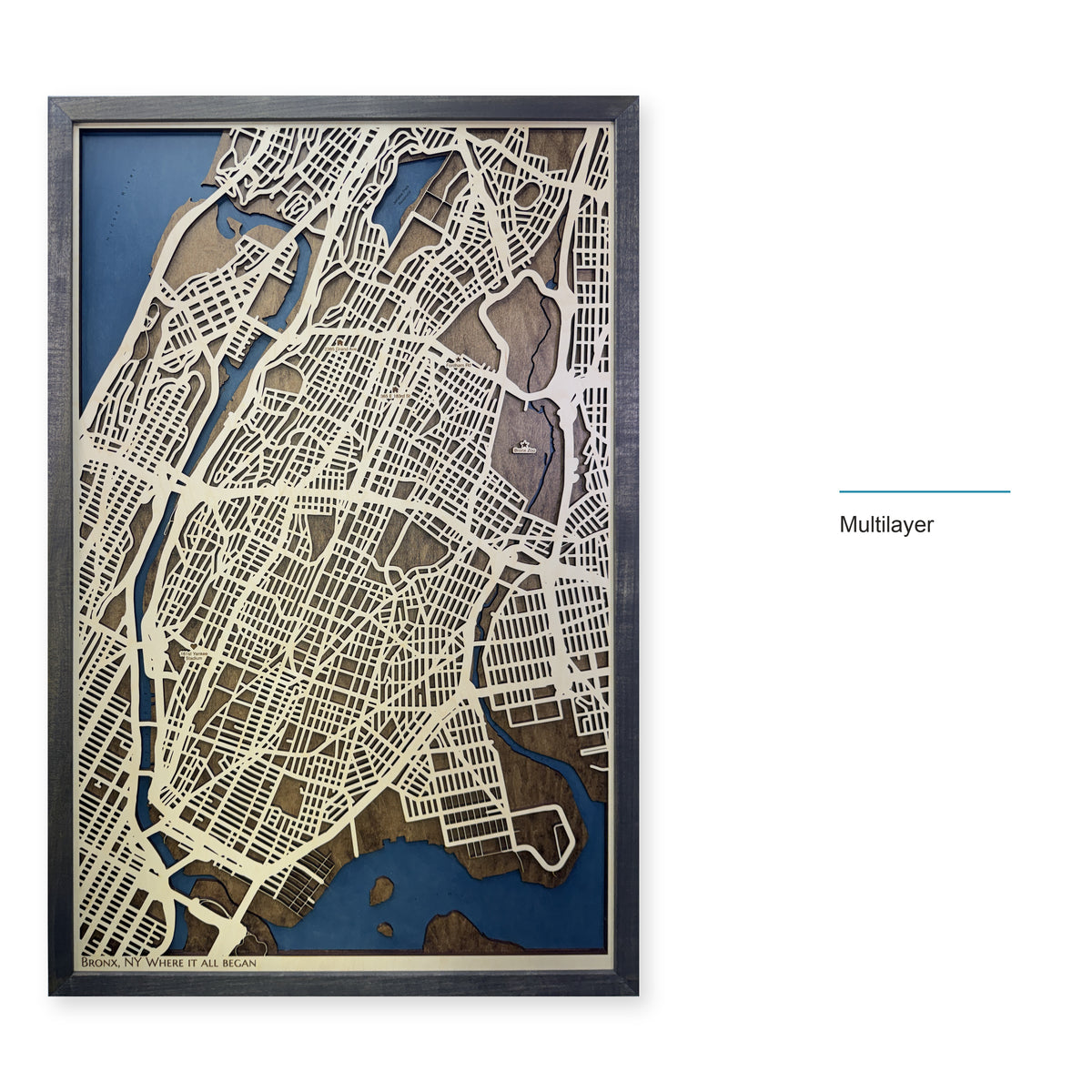 Bronx, New York Wood Map — Multilayer — style-labeled photo