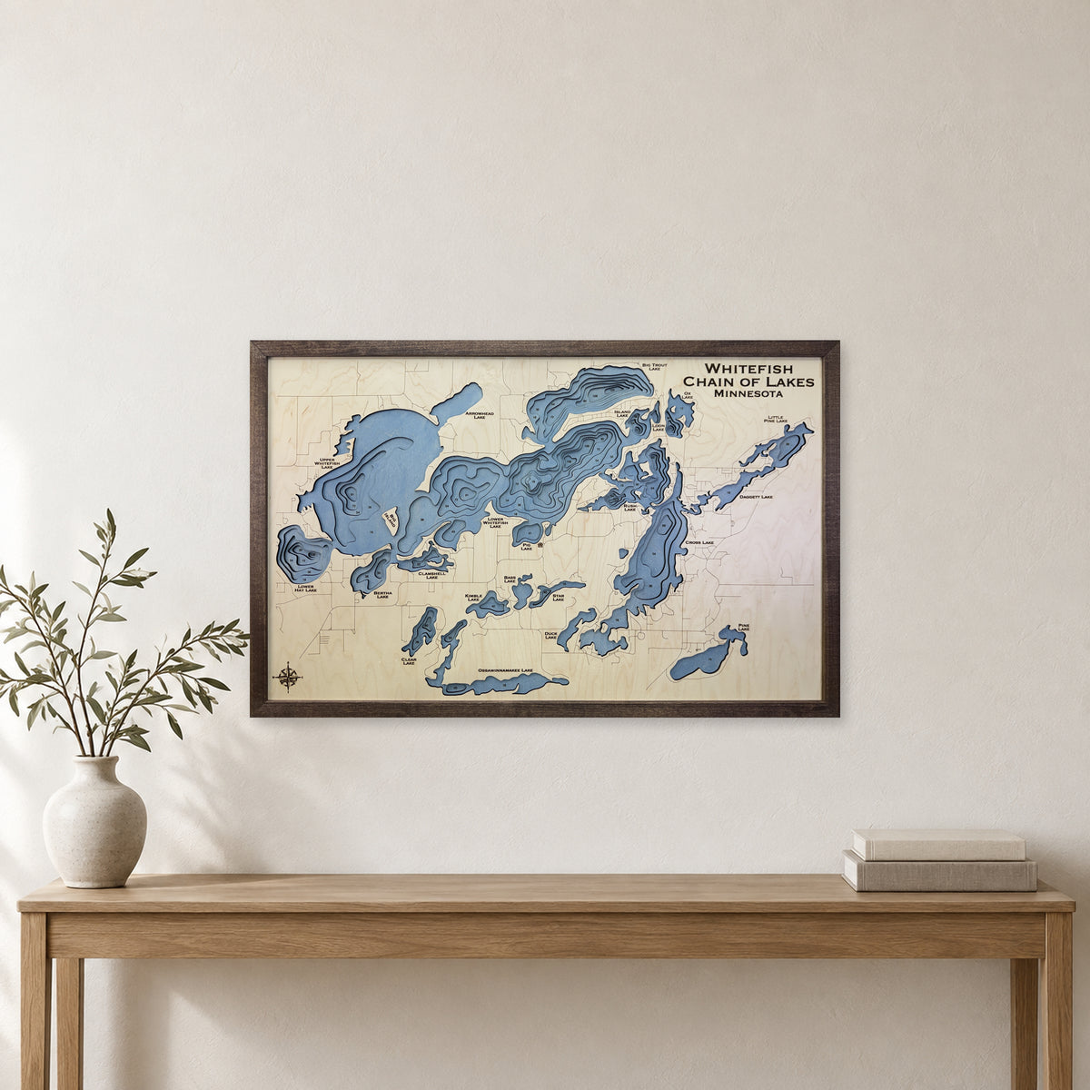 Whitefish Chain of Lakes, Minnesota Wood Map — Multilayer — room mockup