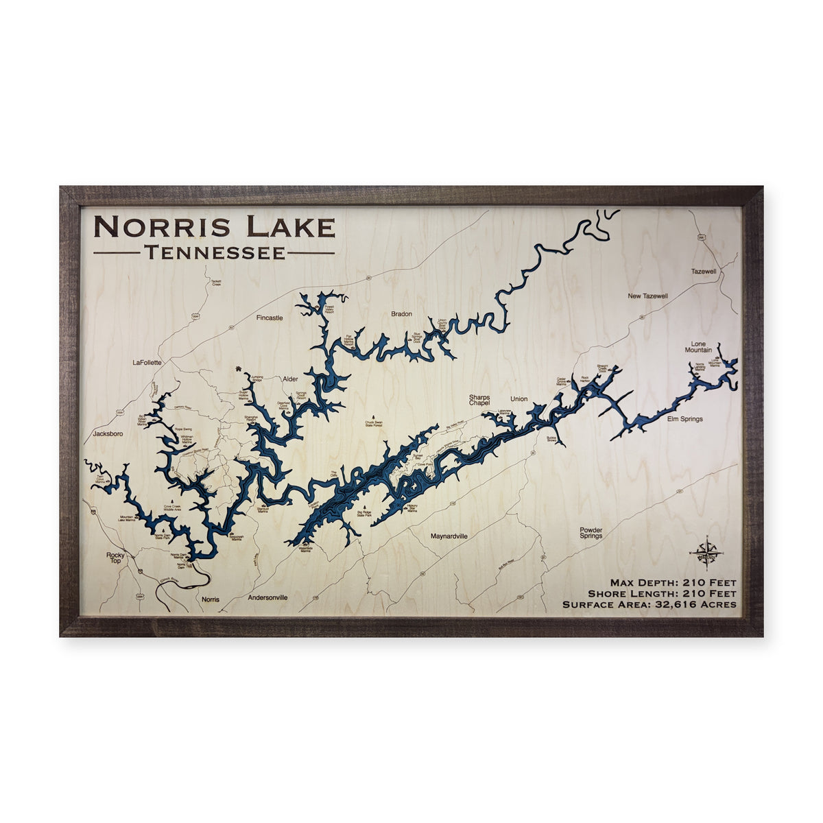 Norris Lake, TN, Wood Map — Multilayer — plain-background photo