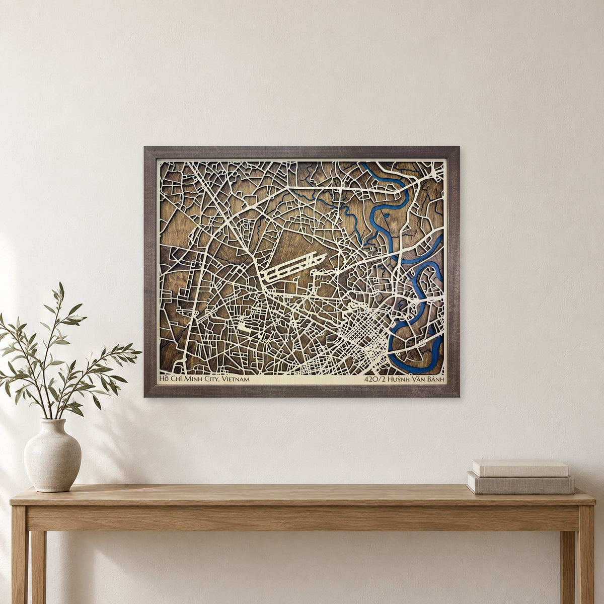 Ho Chi Minh City, Vietnam Wood Map — Single layer — room mockup