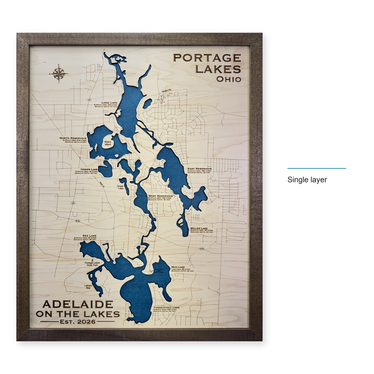 Portage Lakes, Summit County, OH, Wood Map — Single layer — style-labeled photo
