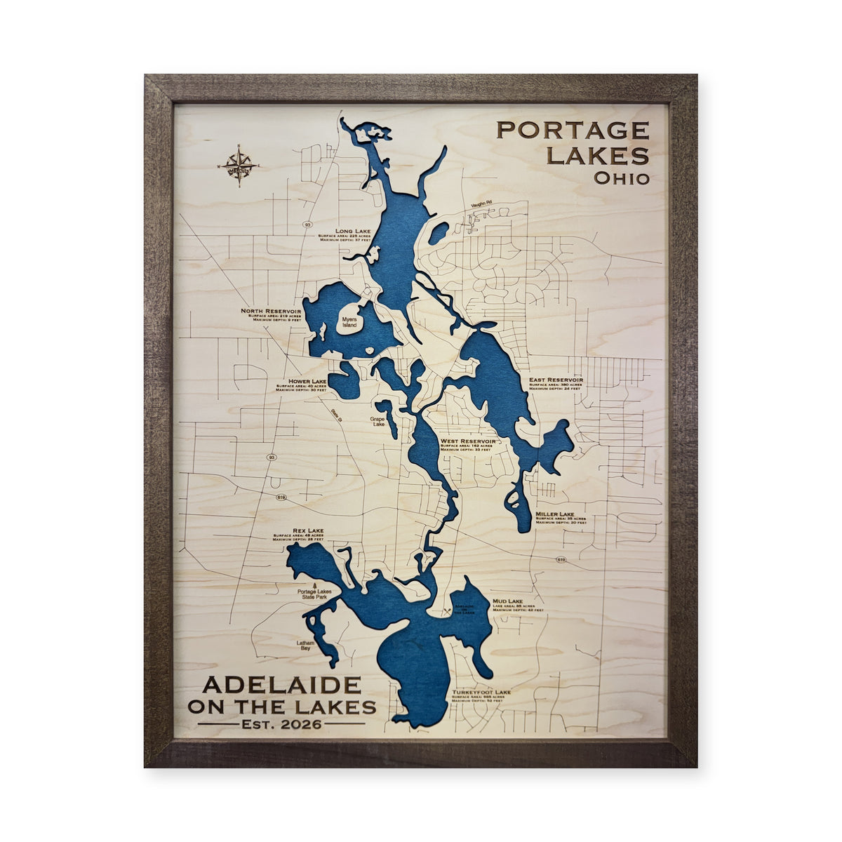 Portage Lakes, Summit County, OH, Wood Map — Single layer — plain-background photo