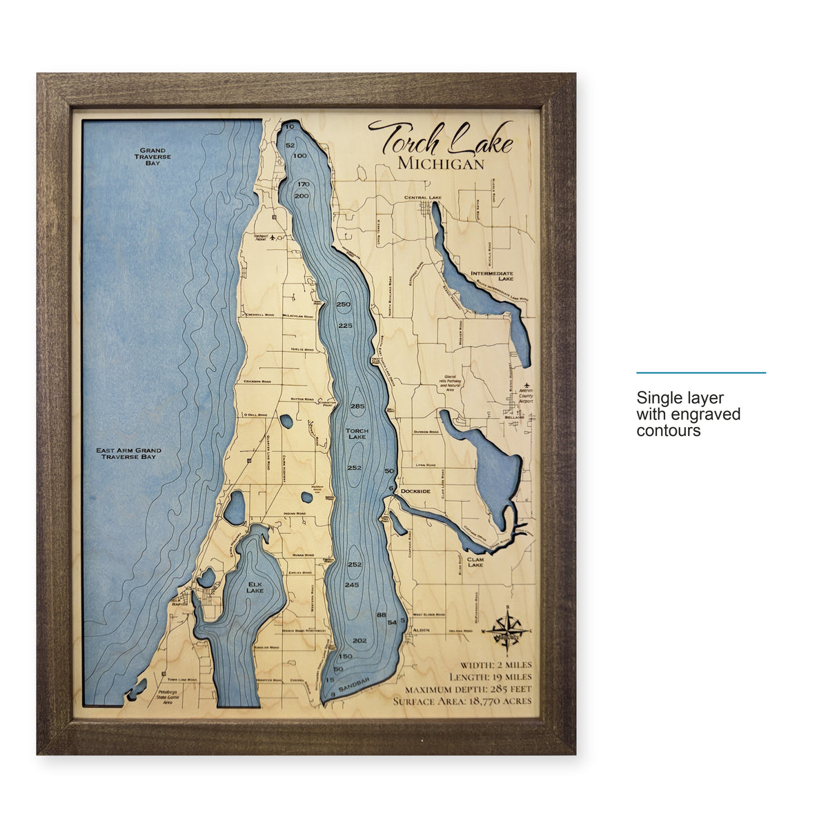 Torch Lake Wood Map — Single layer with engraved contours — style-labeled photo