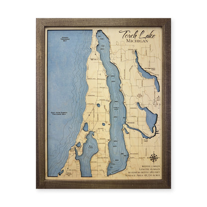 Torch Lake Wood Map — Single layer with engraved contours — plain-background photo
