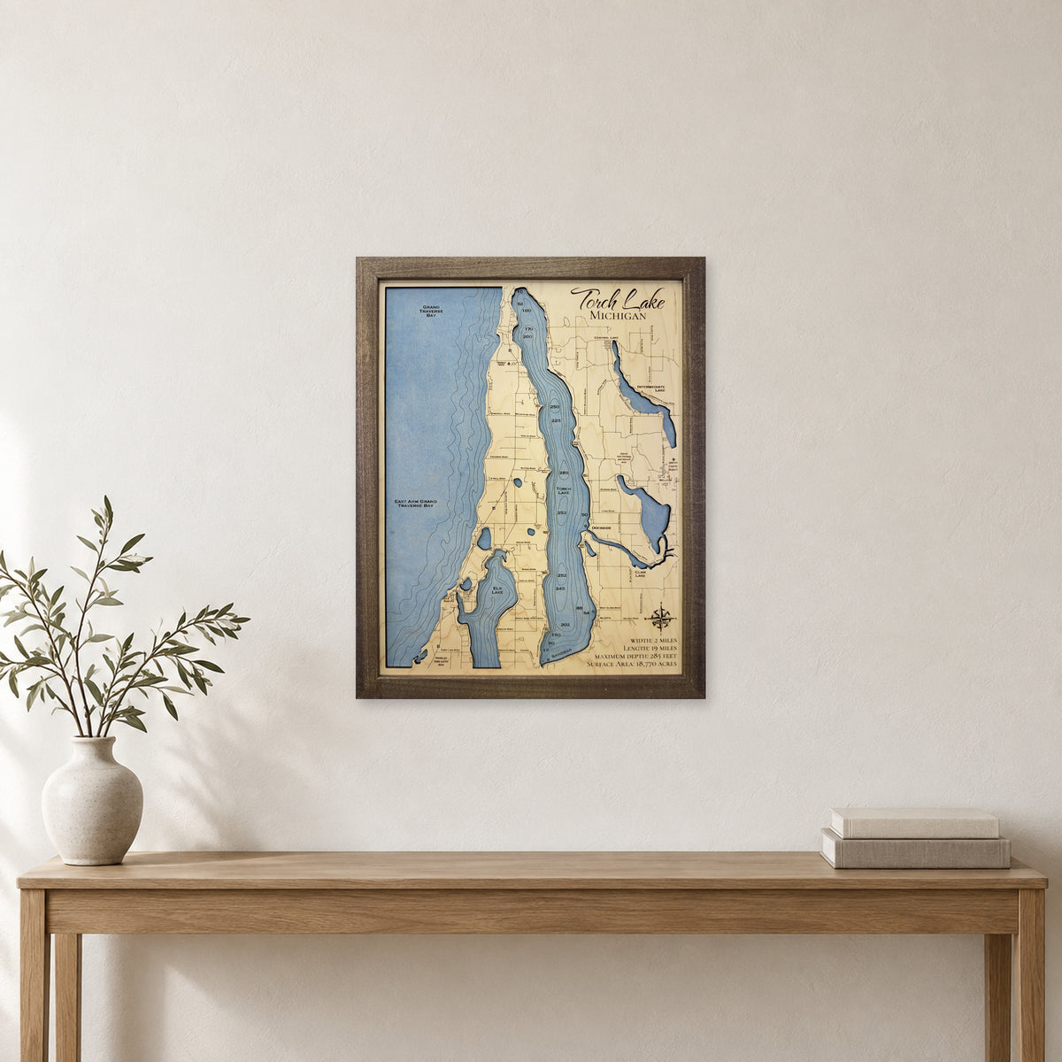 Torch Lake Wood Map — Single layer with engraved contours — room mockup