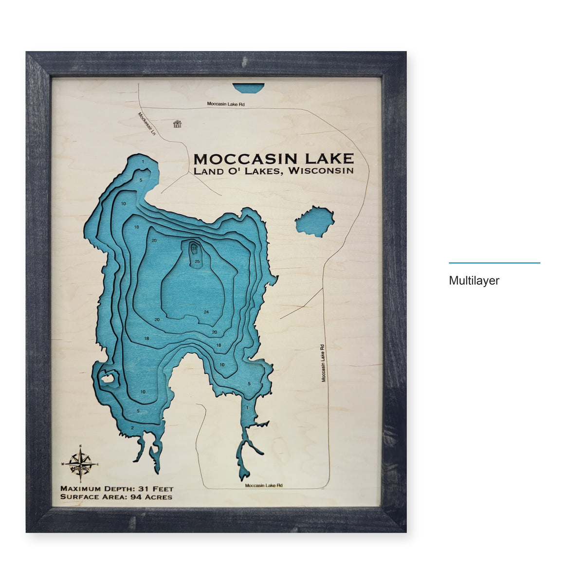 Moccasin Lake, Wisconsin Wood Map — Multilayer — style-labeled photo