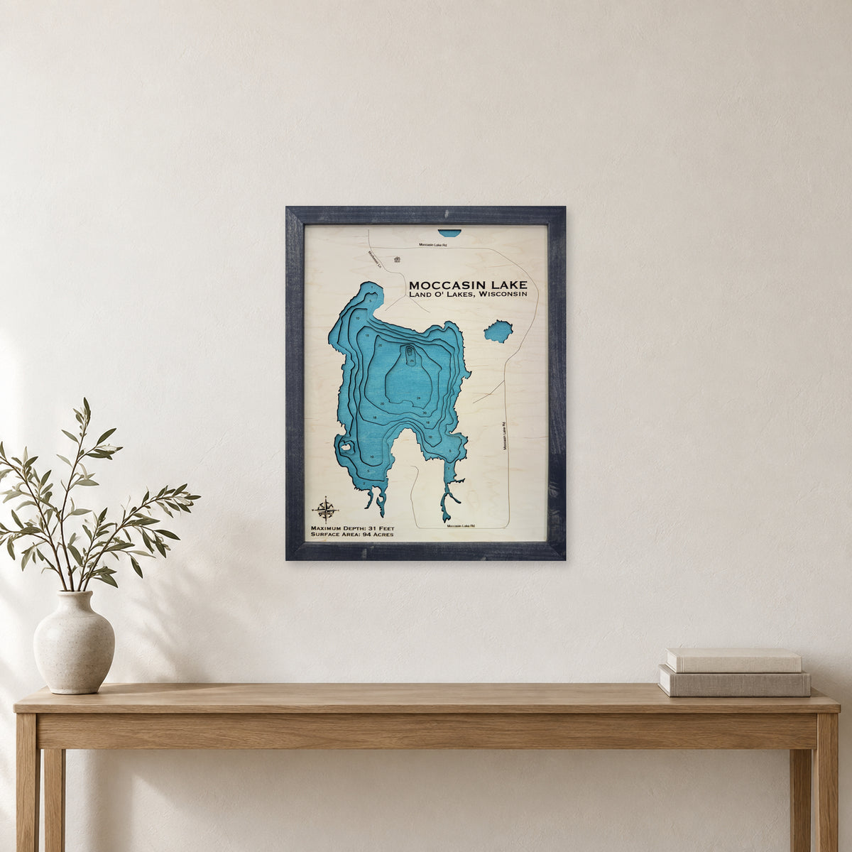 Moccasin Lake, Wisconsin Wood Map — Multilayer — room mockup