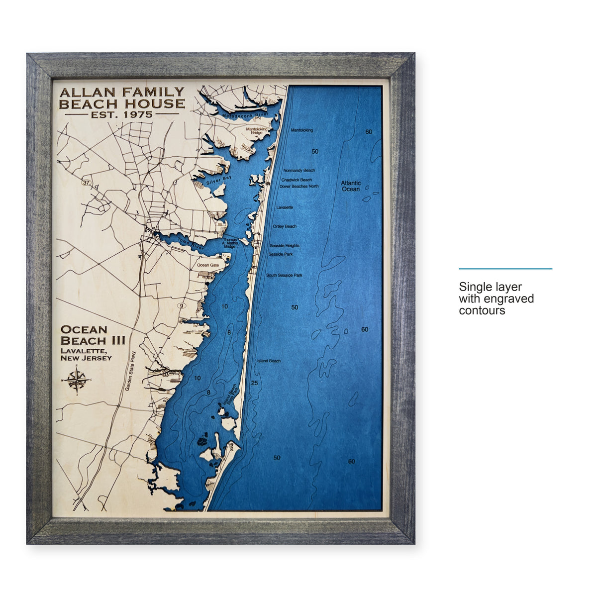 Ocean Beach III, New Jersey Wood Map — Single layer with engraved contours — style-labeled photo