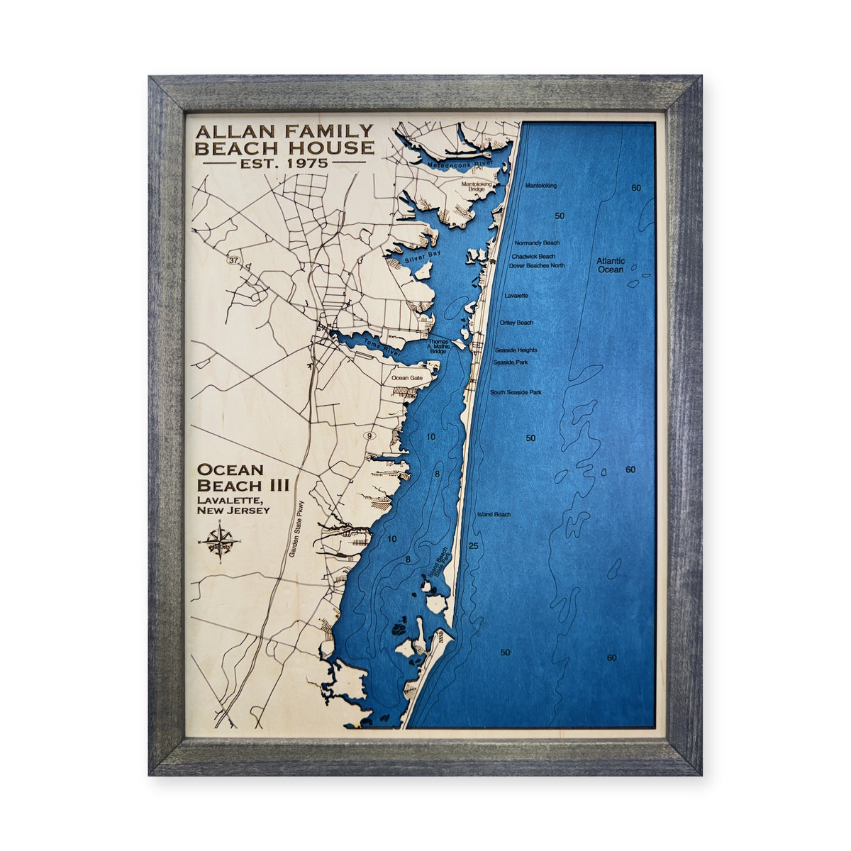 Ocean Beach III, New Jersey Wood Map — Single layer with engraved contours — plain-background photo