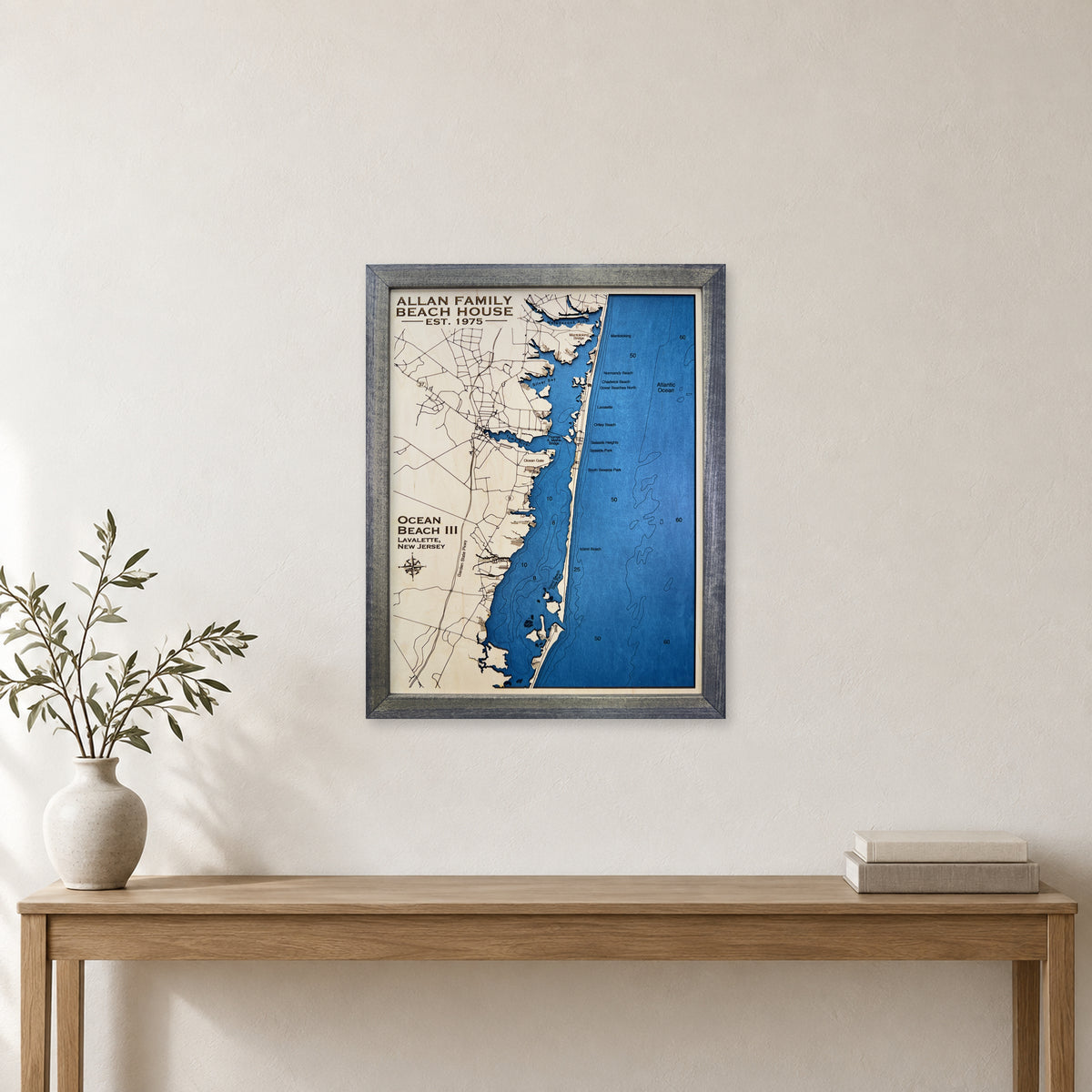 Ocean Beach III, New Jersey Wood Map — Single layer with engraved contours — room mockup