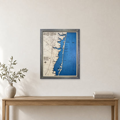 Ocean Beach III, New Jersey Wood Map — Single layer with engraved contours — room mockup