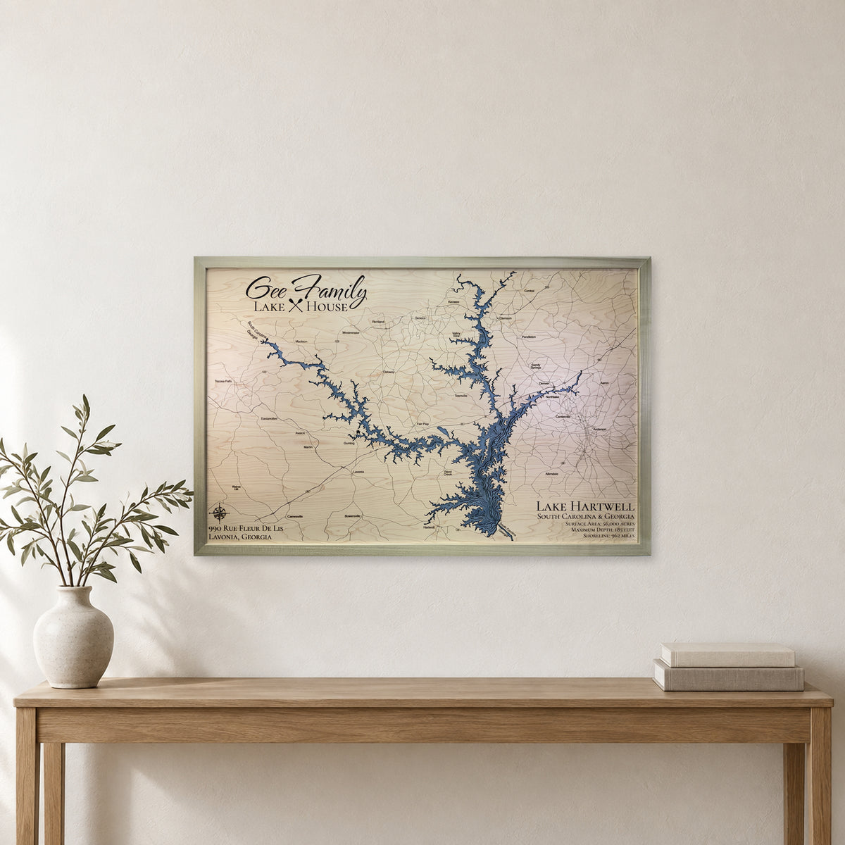 Lake Hartwell Wood Map — Single layer — room mockup