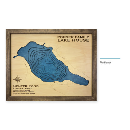 Center Pond, Lincoln, Maine Wood Map — Multilayer — style-labeled photo