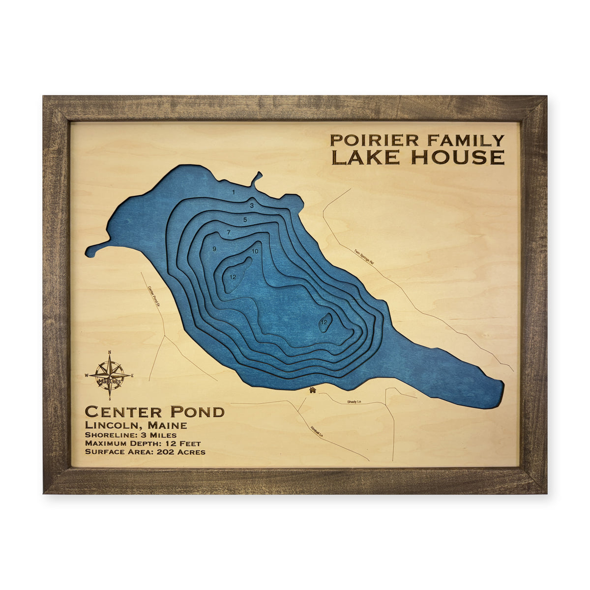 Center Pond, Lincoln, Maine Wood Map — Multilayer — plain-background photo