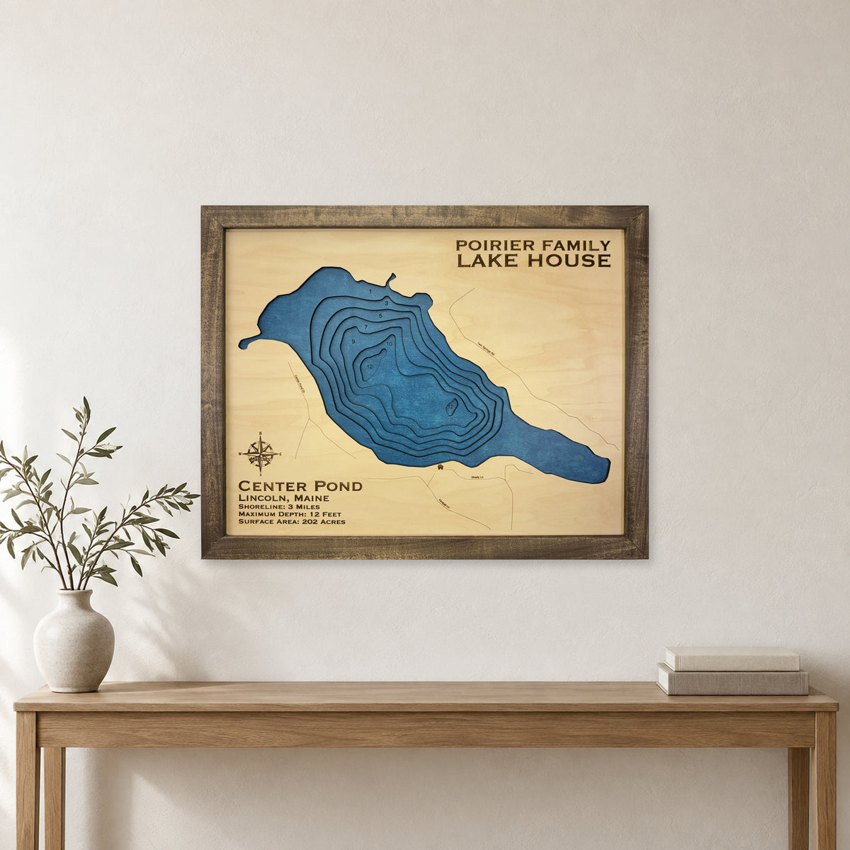 Center Pond, Lincoln, Maine Wood Map — Multilayer — room mockup