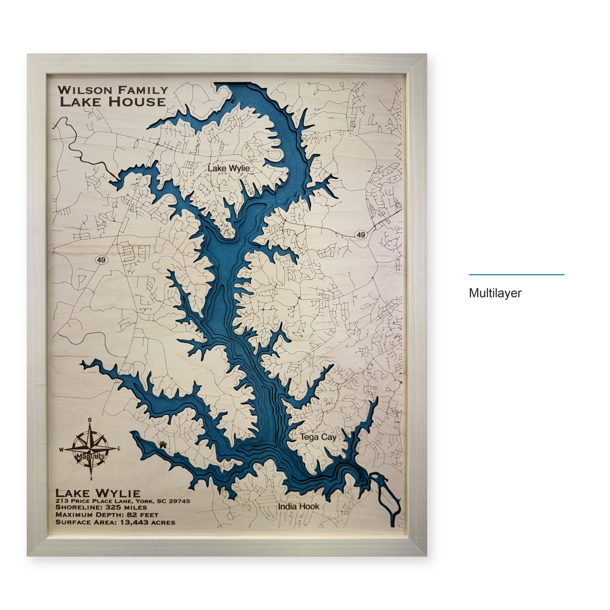 Lake Wylie, North Carolina & South Carolina Wood Map — Multilayer — style-labeled photo