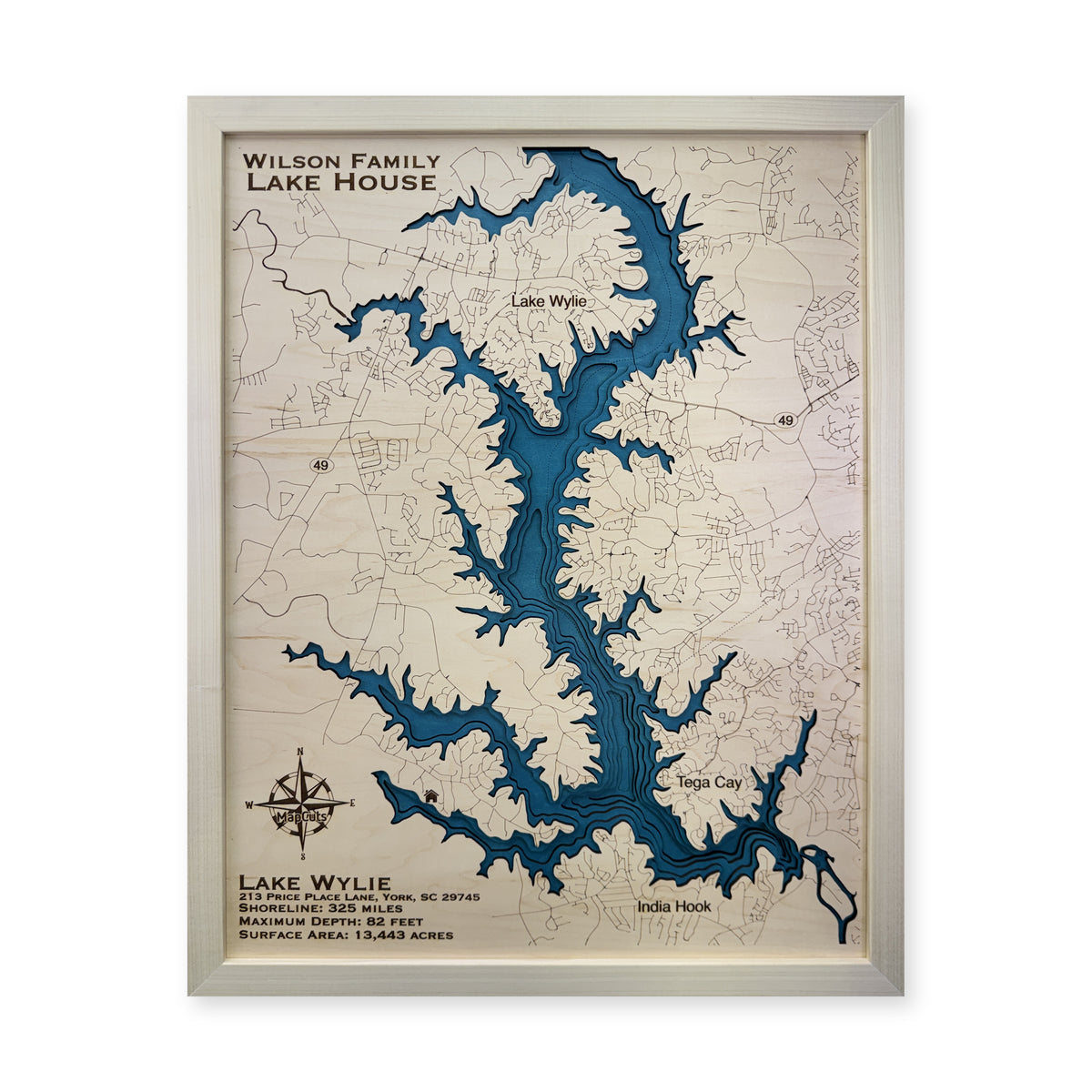 Lake Wylie, North Carolina & South Carolina Wood Map — Multilayer — plain-background photo