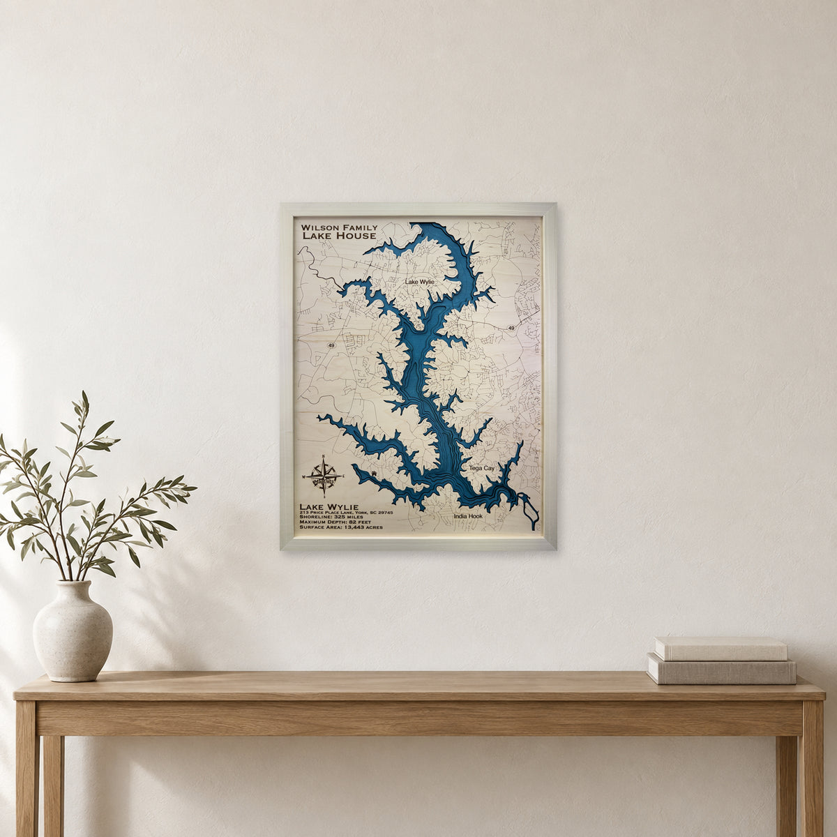 Lake Wylie, North Carolina & South Carolina Wood Map — Multilayer — room mockup