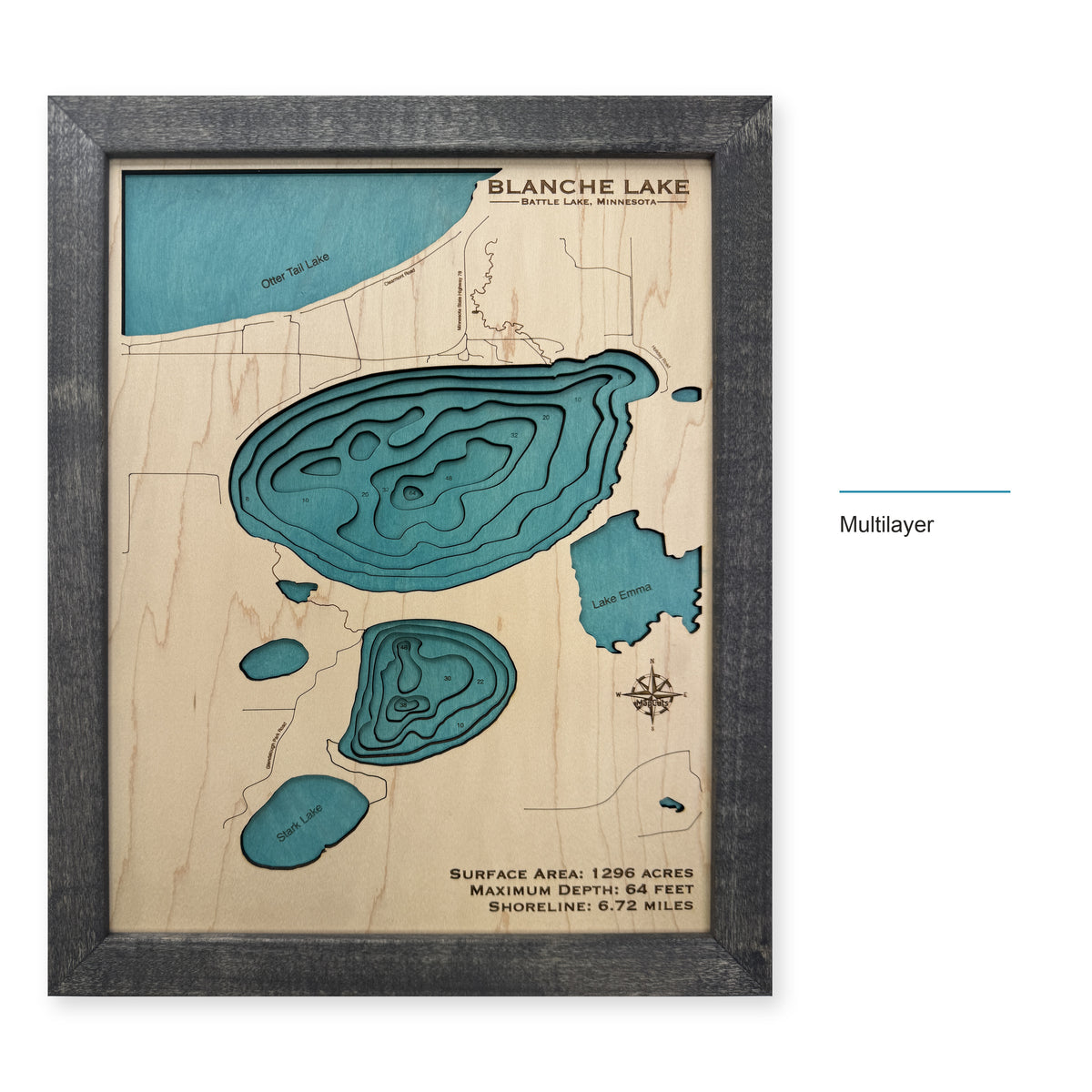 Blanche Lake, Battle Lake, Minnesota Wood Map — Multilayer — style-labeled photo