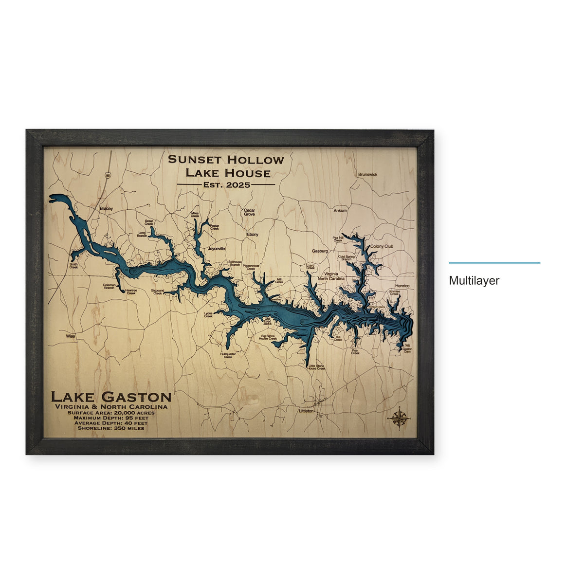 Lake Gaston, North Carolina & Virginia Wood Map — Multilayer — style-labeled photo