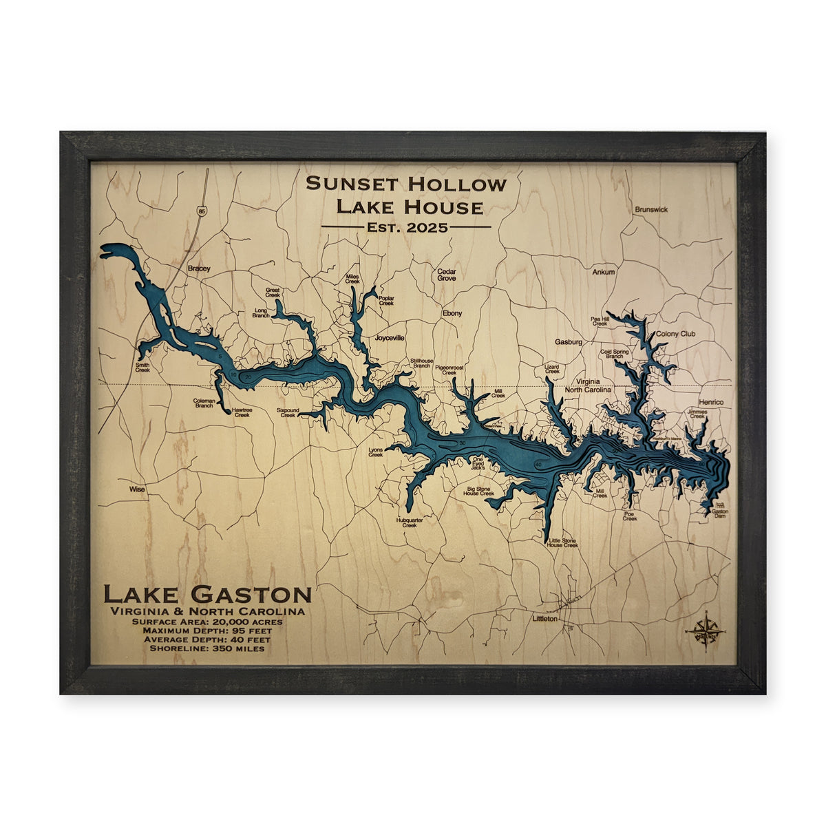 Lake Gaston, North Carolina & Virginia Wood Map — Multilayer — plain-background photo