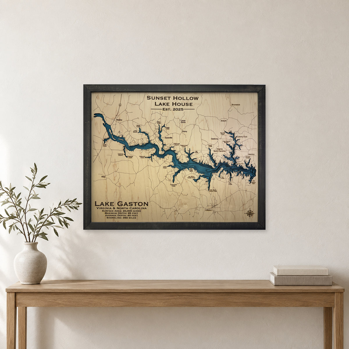 Lake Gaston, North Carolina & Virginia Wood Map — Multilayer — room mockup