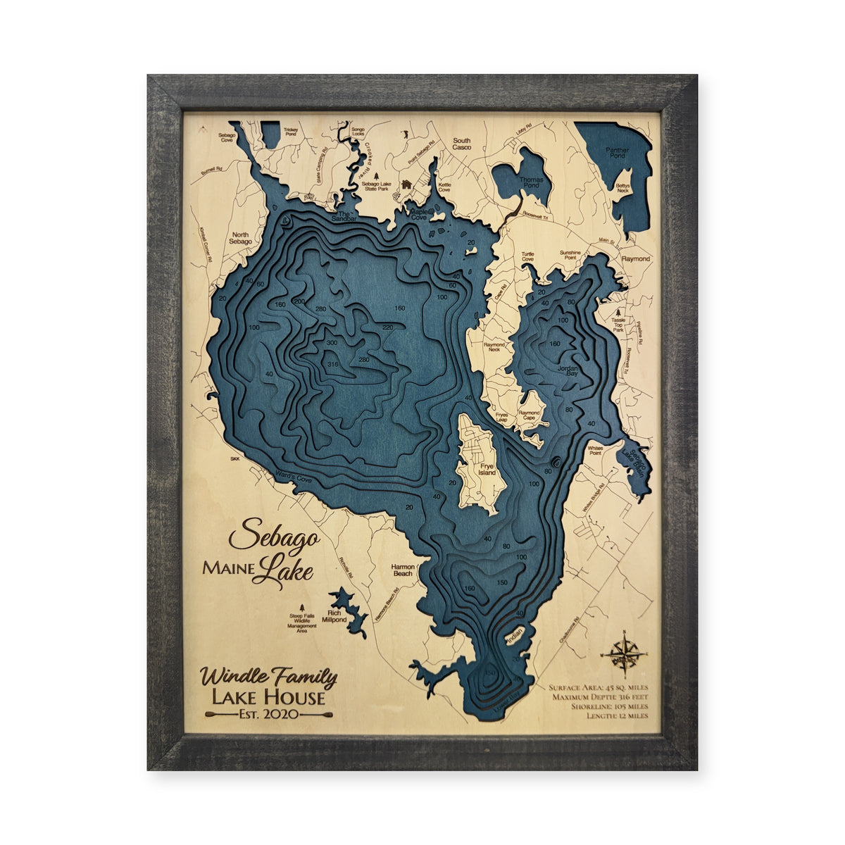 Sebago Lake, Wood Map — Multilayer — plain-background photo