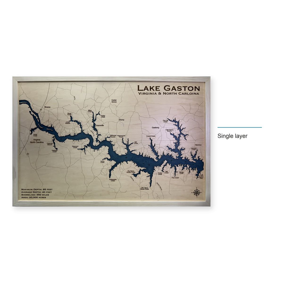 Lake Gaston, North Carolina & Virginia Wood Map — Single layer — style-labeled photo