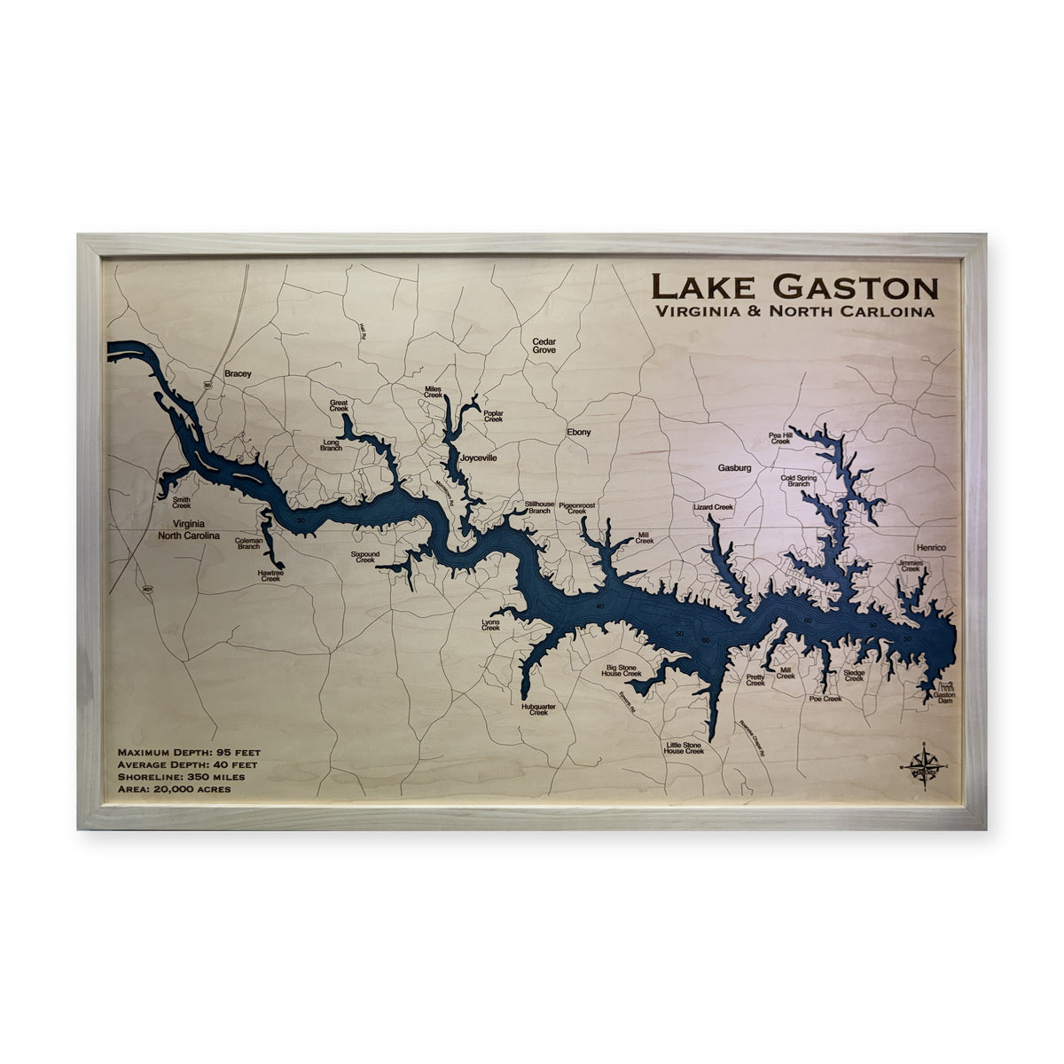 Lake Gaston, North Carolina & Virginia Wood Map — Single layer — plain-background photo