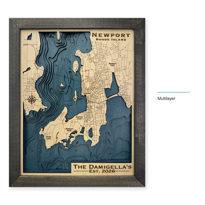 Newport, Rhode Island Wood Map — Multilayer — style-labeled photo