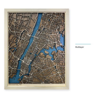 Manhattan, New York, Wood City Map — Multilayer — style-labeled photo