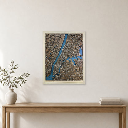 Manhattan, New York, Wood City Map — Multilayer — room mockup