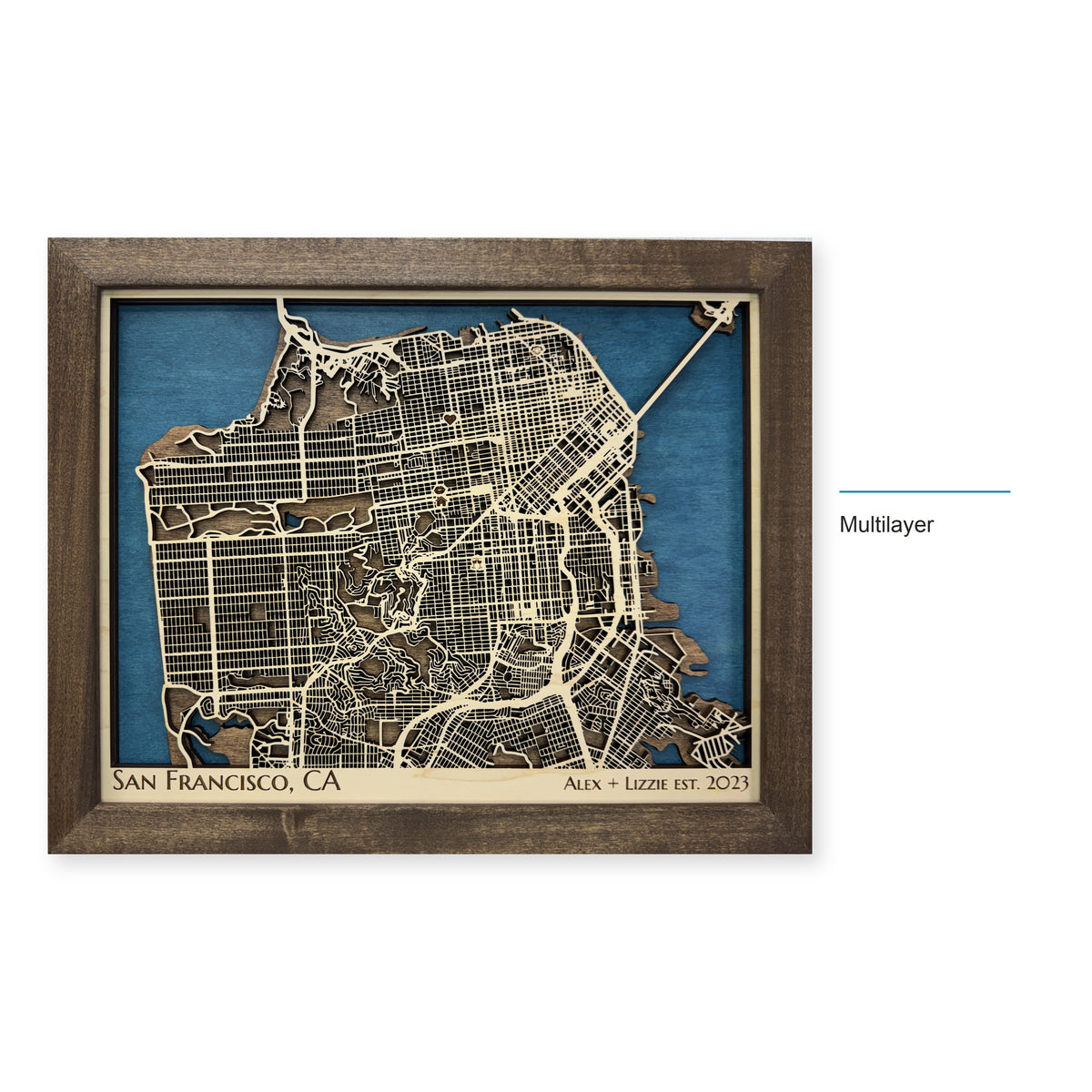 San Francisco, California Wood Map — Multilayer — style-labeled photo