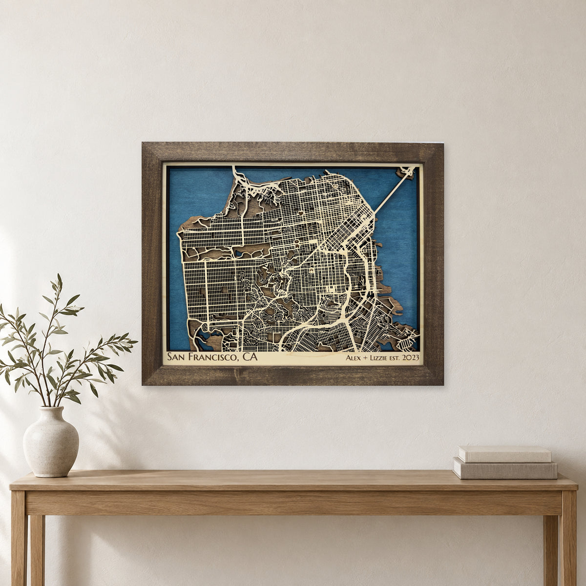 San Francisco, California Wood Map — Multilayer — room mockup