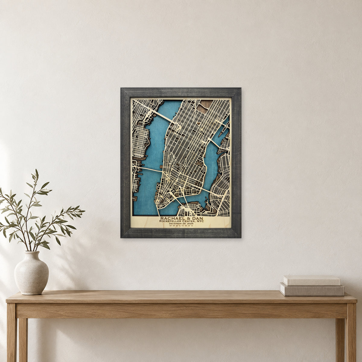 Manhattan, New York, Wood City Map — Multilayer — room mockup