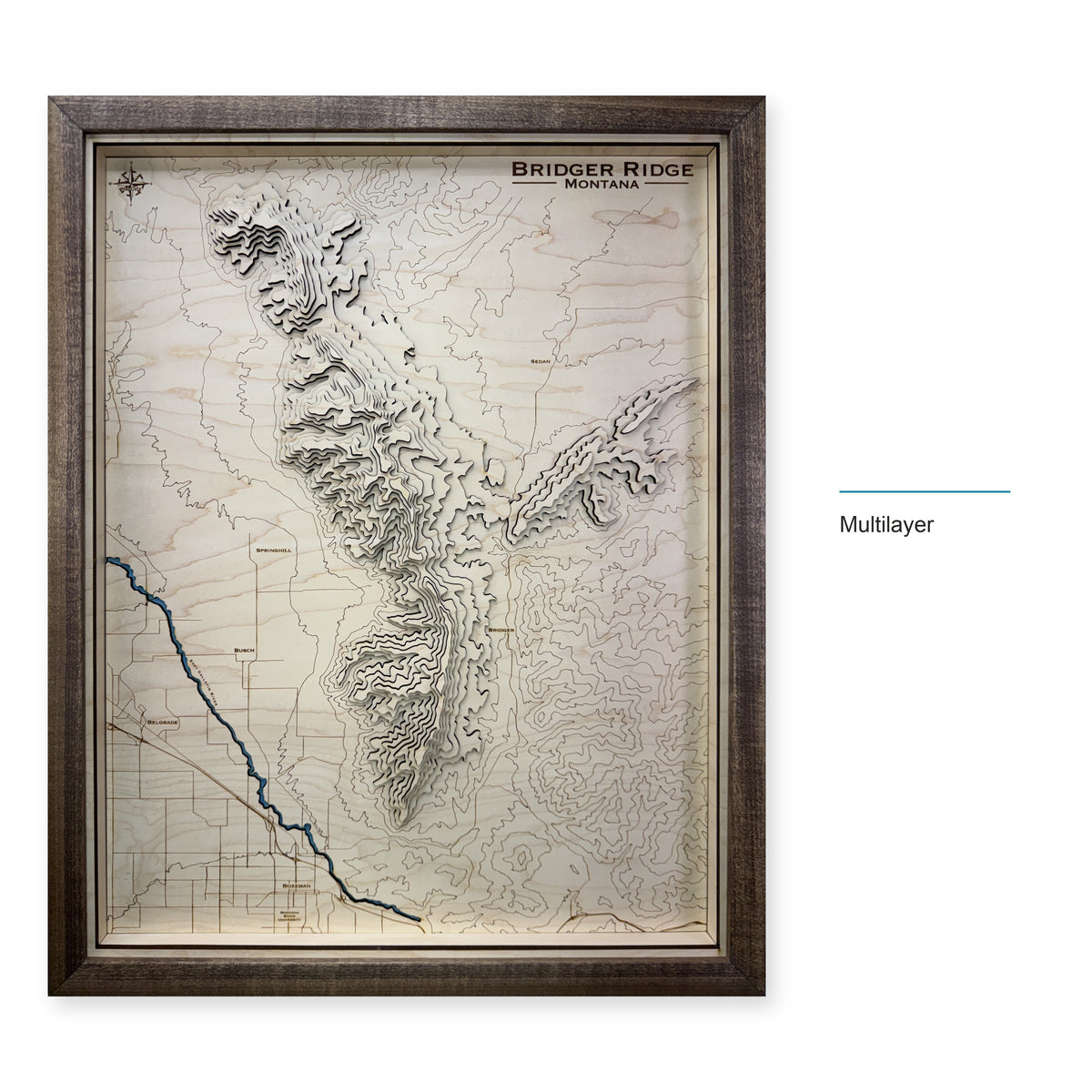 Bridger Ridge, Montana Wood Map — Multilayer — style-labeled photo